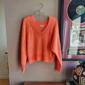 Full Circle Sweater Large Vibrant Orange Color Long Sleeve V Neck Light WEIGHT